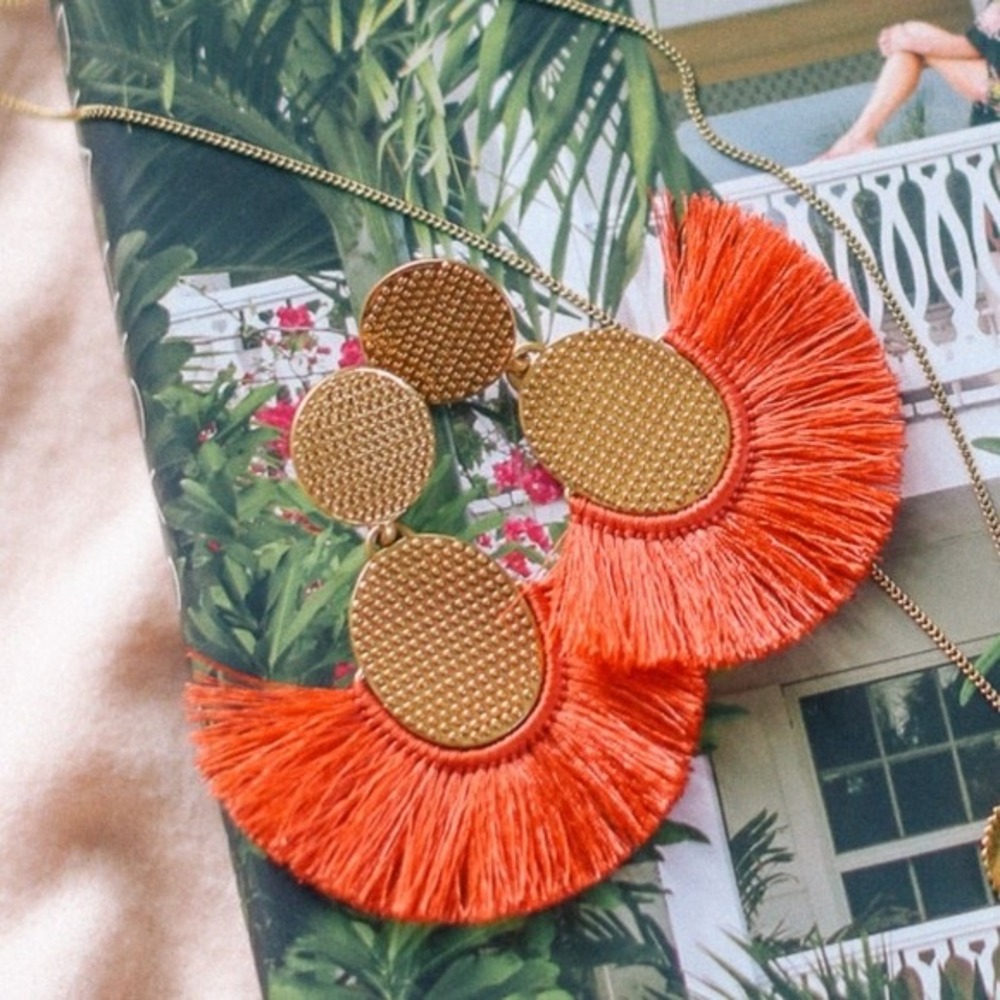 Rare India Hicks Golden Fan Fringe Statement Earrings - Coral/Orange